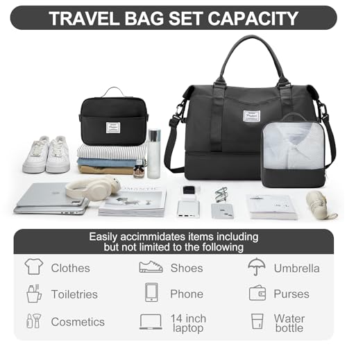 Weekender Bags for Women,Travel Duffle Overnight Bag with Shoe Compartment - color: A-Black-3Pcs-0022, size: Large