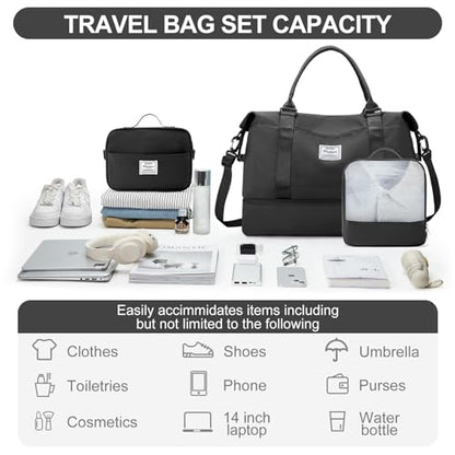 Weekender Bags for Women,Travel Duffle Overnight Bag with Shoe Compartment - color: A-Black-3Pcs-0022, size: Large