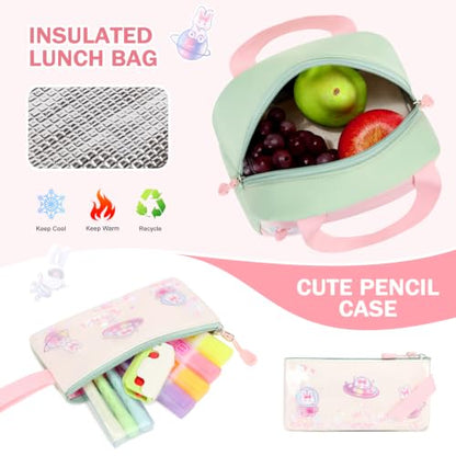 FIXITOK Rolling Backpack for Girls, Kawaii Bunny Roller Wheels School Backpacks with Lunch Bag Pencil case, Wheeled Suitcase Bookbag for Elementary Travel Green - color: Green