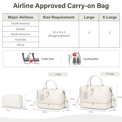 Leather Weekender Bags for Women, Travel Duffel Bag PU Overnight Bag Carry On Tote Bag with Shoe Compartment Wet Pocket - color: White, size: X-Large