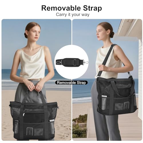 Mesh Beach Bags for Women - Plus Waterproof Sandproof Tote Bag - color: Black With Top Zipper, size: Large