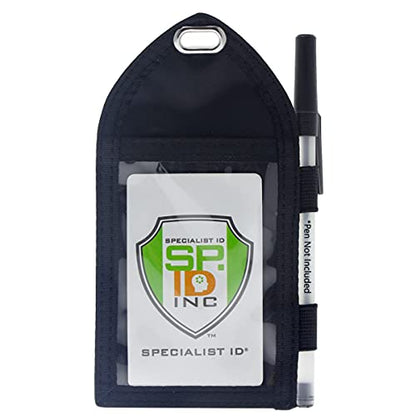 Heavy Duty Badge Wallet with Pen Loop Holder - Double Pocket Key Card Holder - Clear Front Display Window - Secure Back Pouch for Cards, Money, Flash Drive and More by Specialist ID (Black) - size: 1 Single