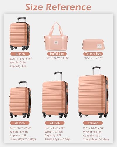 LONG VACATION Luggage Sets, 6 Piece, Hardshell Suitcase with Spinner Wheels - color: PINK, size: 6-Piece Set