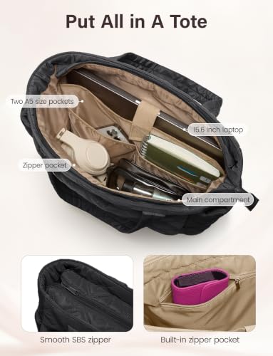 Uselike Tote Bag for Women, Lightweight Puffer Tote Work Bags with Compartments for Travel, Quilted Shoulder Bag with Zipper - color: Black