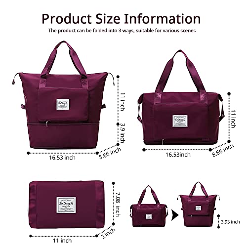 Large Capacity Foldable Travel Bag, Expandable Waterproof Carry on Bag, Dry and Wet Separation Spor Duffel Bags - color: Fuchsia