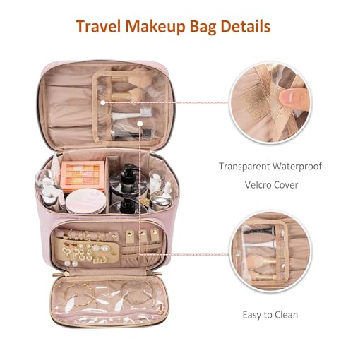 Travel Makeup Bag with Jewelry Organizer, Large Cosmetic Case, Waterproof Toiletry Bag for Cosmetics, Brushes, and Tools, Pink - color: Pink