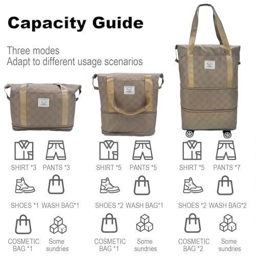 Expandable duffel bag,carry-on large bag with wheels(KHAKI Check) - color: KHAKI