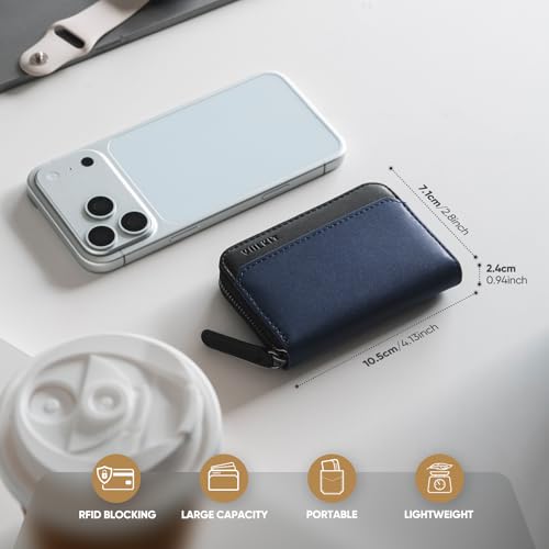 VULKIT RFID Blocking Credit Card Holder, Leather Business Card Holder Case, Minimalist Zipper Wallet, Charcoal Blue - color: Charcoal Blue