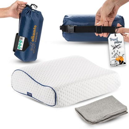 alkamto Travel & Camping Comfortable Memory Foam Pillow – Easy to Carry Portable Bag – Temperature Regulating Pillow Case - size: White Contour Travel + Extra Cover