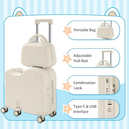 TABU Ride On Luggage Set with Bag, Carry On Suitcase for Kids, White - color: White