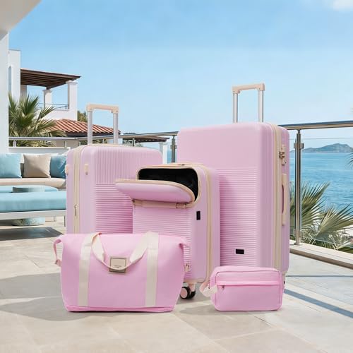 5-Piece Hardside Luggage Set with Half-Opening, Double Spinner Wheels, USB Port, TSA Locks, Lightweight Travel Suitcase, Light Pink - color: Light Pink