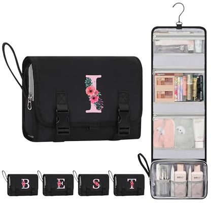 Relavel Hanging Travel Toiletry Bag, Personalized Birthday Gift for Teens | Initial Hanging Toiletries Makeup Pouch, Large Capacity Hanging Cosmetic Organizer for Camping, Sports - Black I - style: I