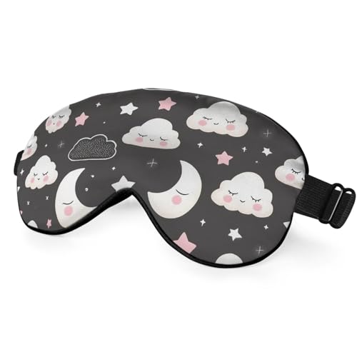 Grey Night Sleep Eye Mask Eye Cover Cute Cartoon Clouds Moons White Pink Silk Eye Mask for Sleeping with Adjustable Strap for Travel Nap Shift Work Office - color: Grey Night
