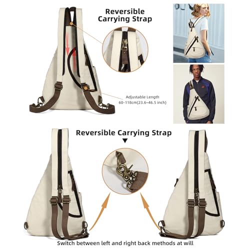 KL928 Canvas Sling Bag - Small Crossbody Backpack Shoulder Casual Daypack Rucksack for Men Women(Large Version,Beige) - color: Canvas-beige