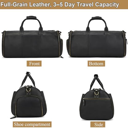 Full Grain Leather Duffel Bag for Men, 2-in-1 Garment Travel Bag with Shoe Compartment, Weekender Overnight Bag for Business Trip, Black - color: Y2a201FMY - Black