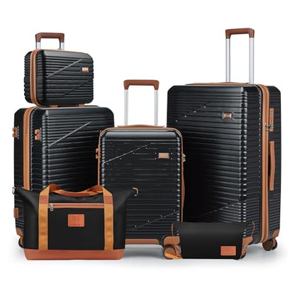 NEISIA Luggage Sets,PC+ABS Hard Shell Carry on Suitcase with Spinner Wheels and TSA Lock, Travel Lightweight Luggage Set with Spinner Wheels (Black, 6 piece sets （14/20/24/28/DB/TB) - color: Black, size: 6-Piece Set (14/20/24/28/DB/TB)