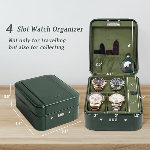 Watch Travel Case with Combination Lock - 4 Watch Storage and Jewelry - color: Green