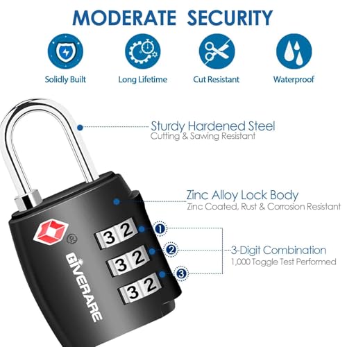 4 Pack TSA Approved Travel Luggage Locks, Combination Lock Alloy Body, Metal Keyless 3-Digit Padlocks, TSA Accepted Compatible Padlock for Gym Locker, Golf Bag Case, Backpack, Black-by GIVERARE - color: 4 Pack Black