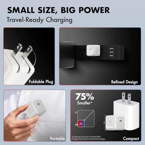 PD 20W GaN Charger, Wozoyo Type-C Fast Charger Compatible for iPhone 17/16/16 Pro Max/15 Series/iPad Pro, Smartphones & Tablets, QC 3.0,Compact Foldable Plug Design, Smart Power Delivery