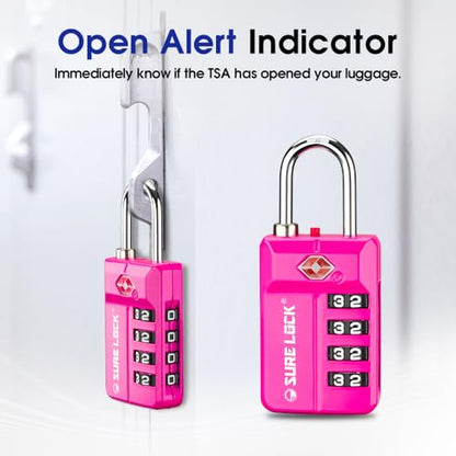 SURE LOCK TSA Approved 4-Digit Resettable Combination Luggage Locks with Open Alert, Easy-Read Dials - for Luggage, School Lockers, Gym, Office, Toolbox & Security Cases (Pink 2 Pack) - color: PINK 2 PACK
