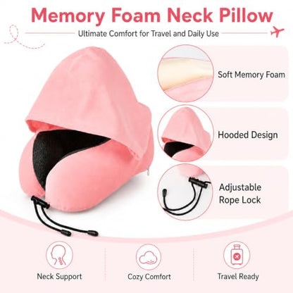 Travel Blanket and Pillow Set - Hooded Neck Pillow Airplane Essentials Pink - color: Pink