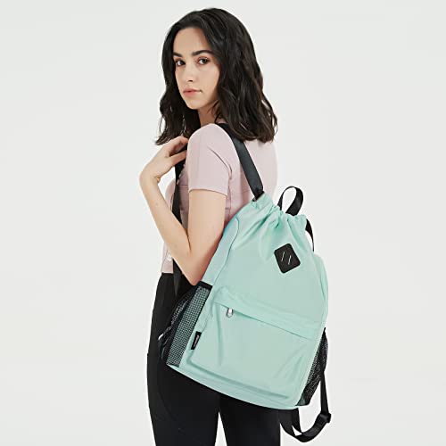 WANDF Drawstring Backpack with Shoe Compartment, Sports Gym Bag - color: L, Mint Green, size: Large