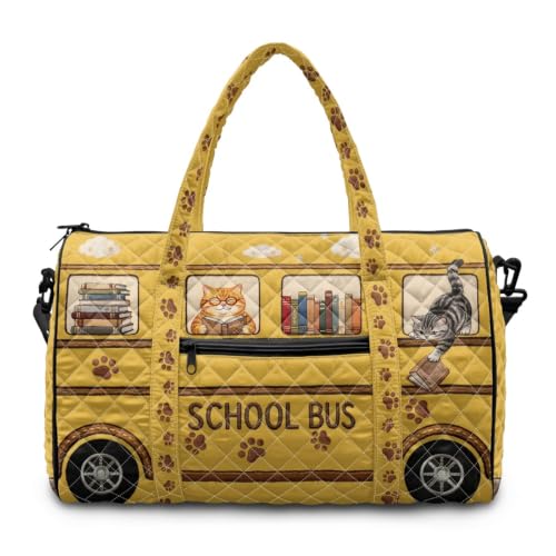 Cat Quilted Duffle Bag for Women, Hippie Bus Weekender Bags - color: Reading Cat