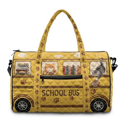 Cat Quilted Duffle Bag for Women, Hippie Bus Weekender Bags - color: Reading Cat