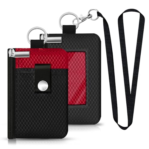 Minimalist RFID Blocking Small Wallet with ID Window,WaterResistant Zip Id Case Wallet with Lanyard Keychain for Cards,Cash,Travel,Women,Men (Black/Red) - color: Black/Red