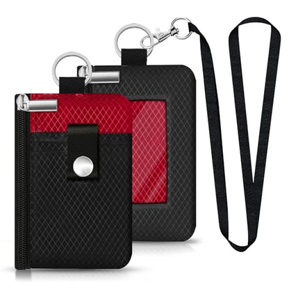 Minimalist RFID Blocking Small Wallet with ID Window,WaterResistant Zip Id Case Wallet with Lanyard Keychain for Cards,Cash,Travel,Women,Men (Black/Red) - color: Black/Red