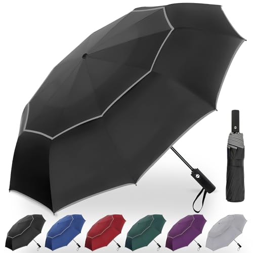 Satol Extra Large Golf Umbrella, 46/54/62 Inch Windproof 10 Ribs Vented Double Canopy Reflective Strips Automatic Open/Close Waterproof UV Protection Portable Compact Umbrella for Outdoor & Travel - color: Black Round Handle, size: 62 Inch