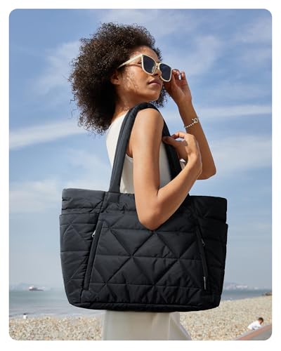 BAGSMART Tote Bag for Women, Puffer Tote Bag for Work Large Shoulder Bag - color: B-black