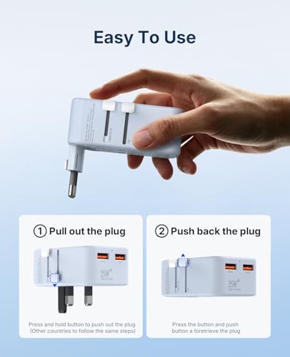 ORICO Ultra-Thin GaN Travel Adapter 25W, International Plug Adapter | 5-in-1 (1 AC Outlet 2 USB-C and 2 USB-A Ports) Universal Power Adapter for US EU UK AU 200+ Countries (2500W Max) - 1 Pack - color: Blue