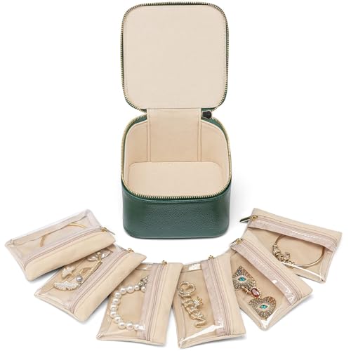 VLANDO Travel Jewelry Organizer with 6 Clear Velvet Zipper Pouches,Green - color: B.6 PCS Green
