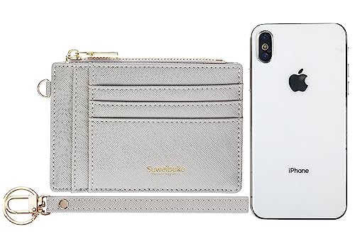 Wikavanli Women Slim Rfid Blocking Credit Card Case Holder Wristlet Zip ID Case Wallet Small Compact Leather Wallet Coin Purse with Keychain (Light Gray) - color: Light Gray