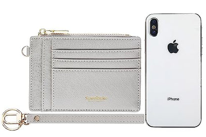 Wikavanli Women Slim Rfid Blocking Credit Card Case Holder Wristlet Zip ID Case Wallet Small Compact Leather Wallet Coin Purse with Keychain (Light Gray) - color: Light Gray