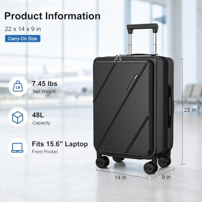 Carry On Luggage 22x14x9 Airline Approved with Front Pocket, Black - color: Black