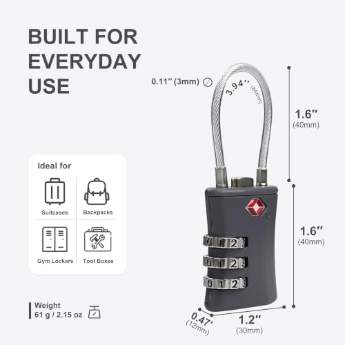 TSA Locks for Luggage, Small Combination Padlock with Cable, Luggage Locks TSA Approved for International Travel Essentials, Suitcase, Backpack Zipper, Locker, Flight Attendant Accessories - color: Black+Gray