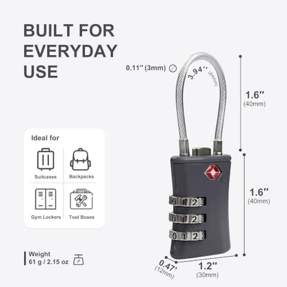 TSA Locks for Luggage, Small Combination Padlock with Cable, Luggage Locks TSA Approved for International Travel Essentials, Suitcase, Backpack Zipper, Locker, Flight Attendant Accessories - color: Black+Gray