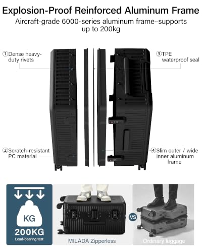 MILADA 26'' Hardshell Checked Suitcase, Trunk Zipperless Aluminum Luggage - color: Jet Black, size: Trunk 26 Inch