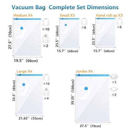 18 Pack Vacuum Storage Bags，Space Saver Bags(4 Jumbo/4 Large/4 Medium/3 Small/3 Roll),Compression for Comforters and Blankets, Sealer Clothes Storage, Hand Pump Included - size: 18 Combo