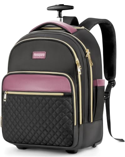 Arcoyard Rolling Backpack for Women, 15.6 Inch Travel Backpack with Wheels - color: Black Purple, size: 15.6-inch