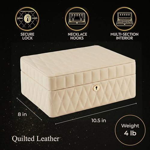 Bey-Berk Diamond-Quilted Leather Travel Jewelry Box, Cream, Locking Organizer with Necklace Hooks, Ring Rows and Watch Compartment - color: Cream