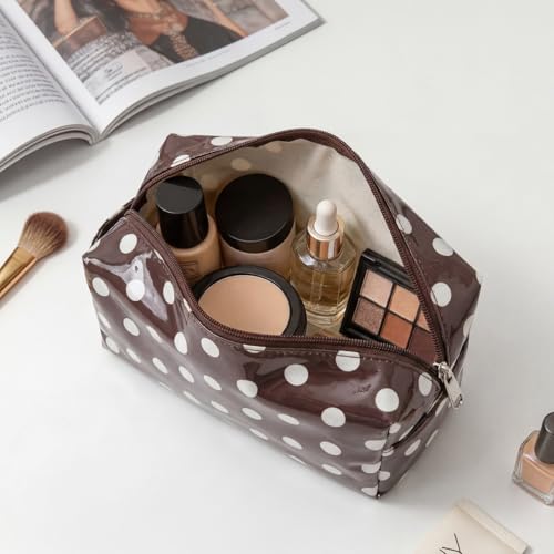 PVC Polka Dots Makeup Bag,Easy to Clean,Waterproof Clear Coated Cosmetic Bag,Cute Travel Organizer Zipper Pouch for Beach Vacation Essentials(04White Dots) - color: 04White Dots