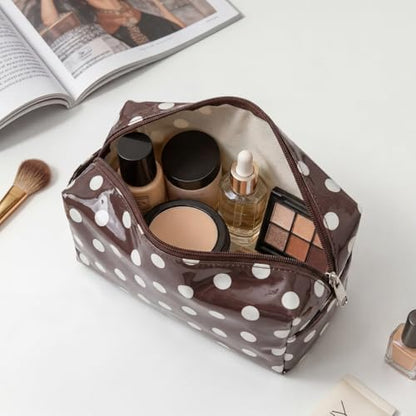 PVC Polka Dots Makeup Bag,Easy to Clean,Waterproof Clear Coated Cosmetic Bag,Cute Travel Organizer Zipper Pouch for Beach Vacation Essentials(04White Dots) - color: 04White Dots