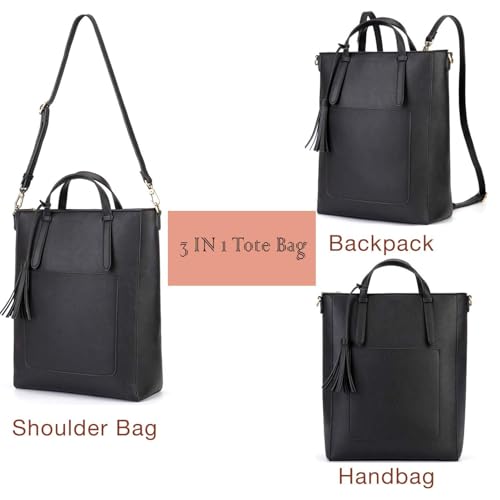 ECOSUSI Tote Bag Convertible Backpack for Women Vegan Leather Handbag Multifuction Shoulder Bag - color: Black Beige