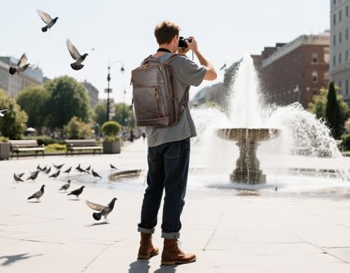 Masa Kawa Brown Leather Laptop Backpack for Men 16 Inch Compute Work Bag - color: Dark Brown