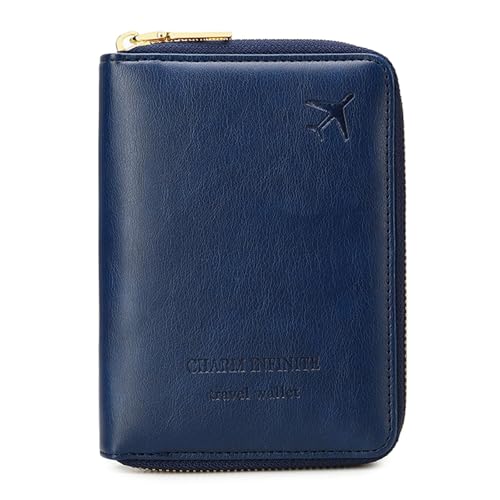 Passport Holder Covers Case with Safe Zipper Closure, RFID Blocking PU Leather Waterproof Travel Wallet for Women Men(Dark Blue) - color: Dark Blue