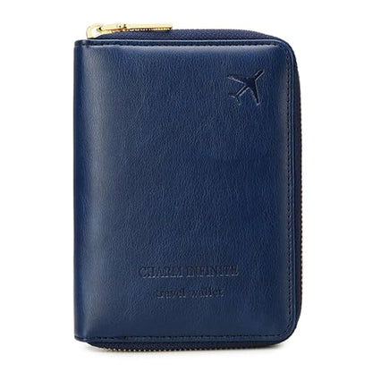 Passport Holder Covers Case with Safe Zipper Closure, RFID Blocking PU Leather Waterproof Travel Wallet for Women Men(Dark Blue) - color: Dark Blue