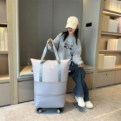 Travel Tote Bag with Trolley Sleeve Expandable Extra Duffel Bag with Wheels Lightweight Traveling Foldable Suitcase - color: Light Gray